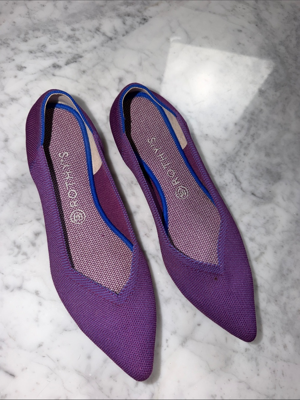 Rothy's Purple Pointed Flats with Blue Trim